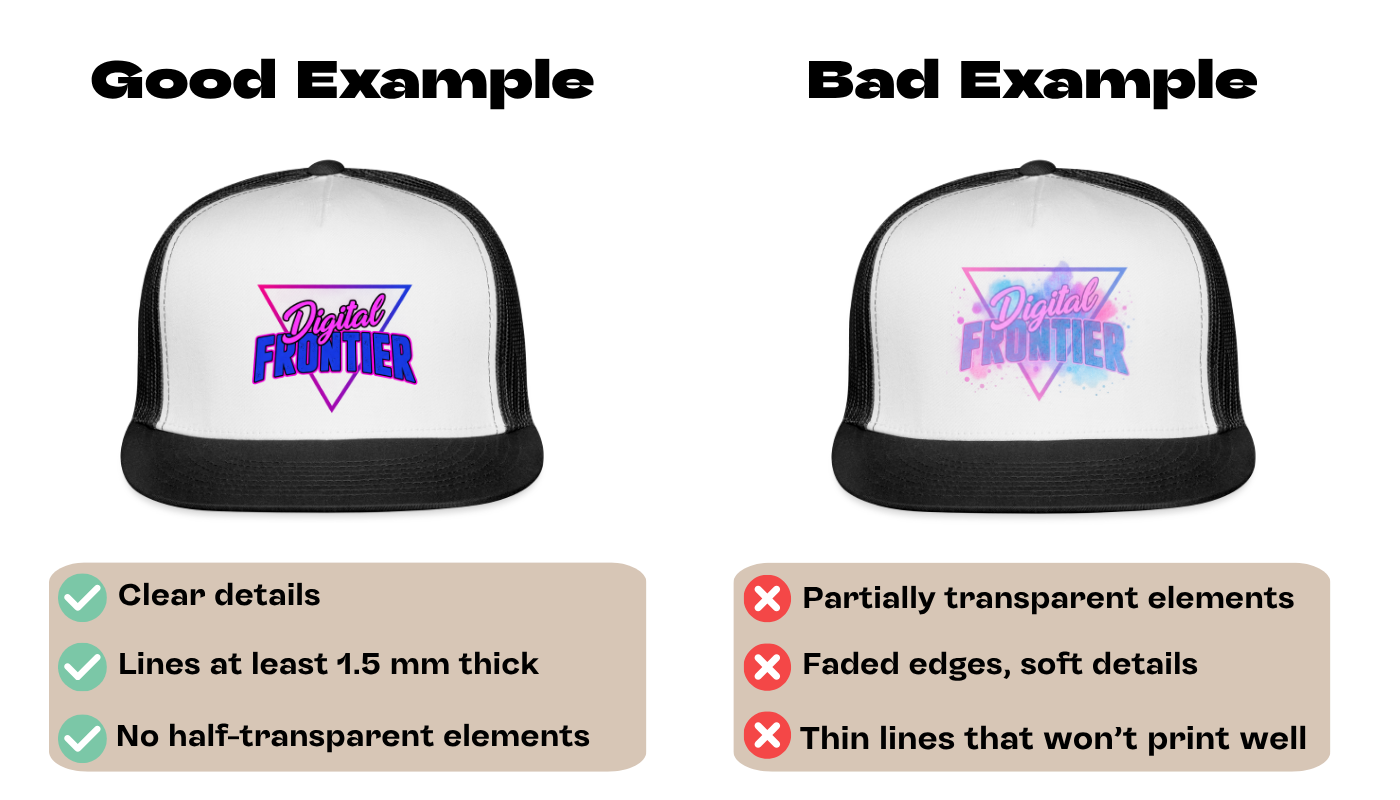 examples of a good hat design for print and a bad hat design for print