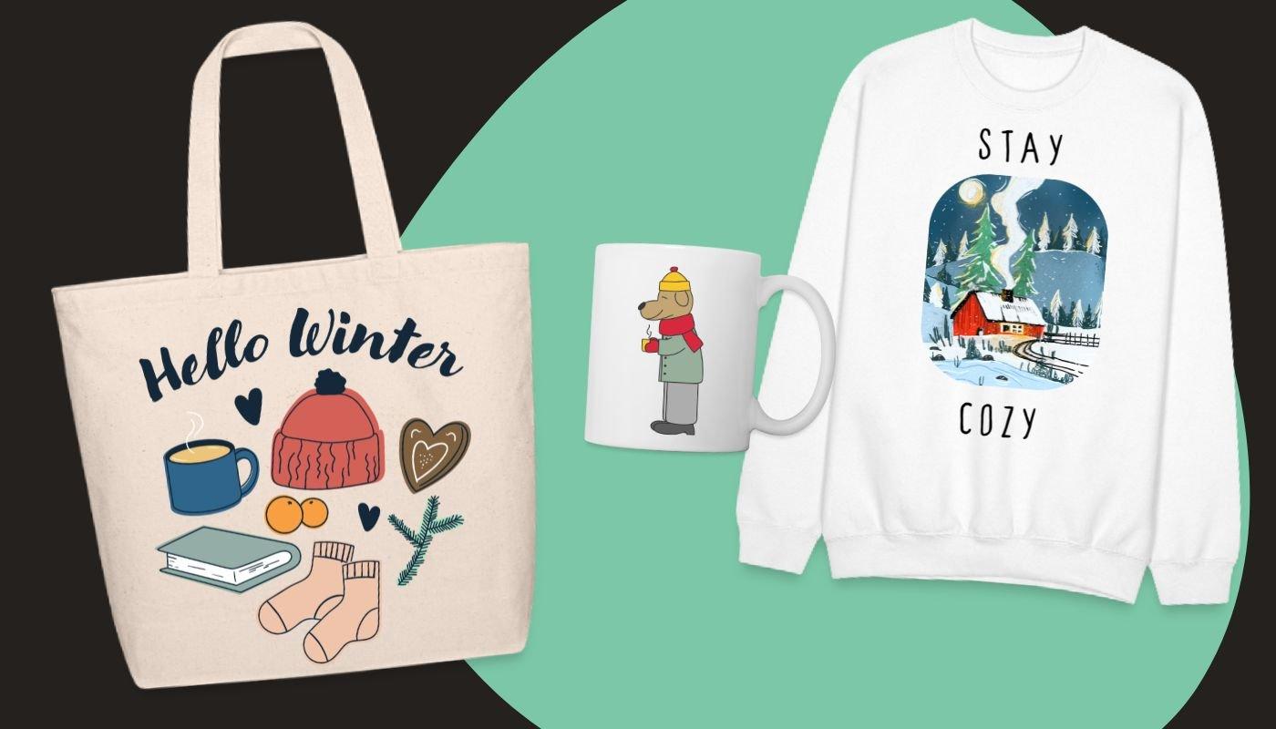 Tote bag, holiday mug, and cozy sweatshirt displayed together as a seasonal merch collection for Black Friday sellers.