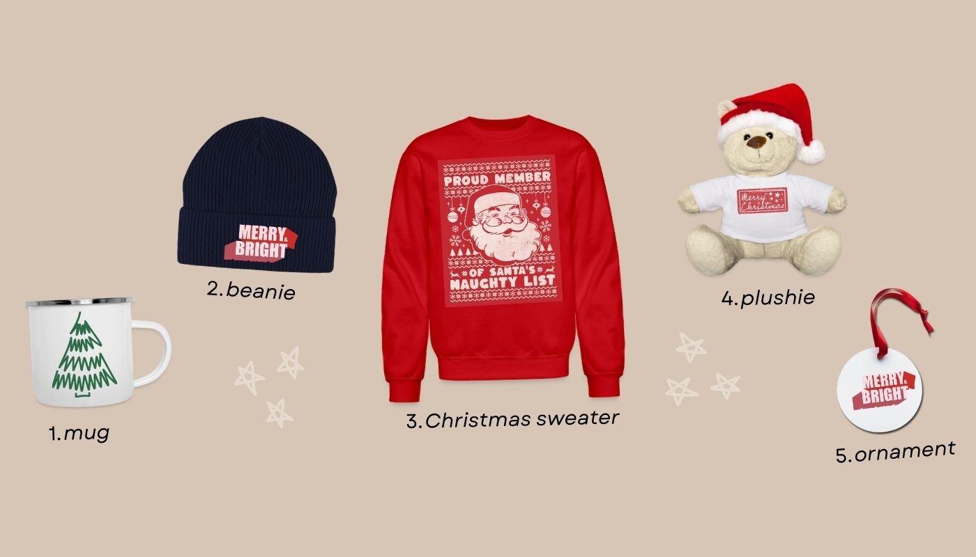 Holiday gift guide showing a mug, beanie, Christmas sweater, plush toy, and ornament.