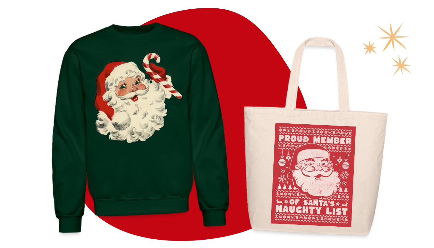 santa design on sweatshirt and tote bag