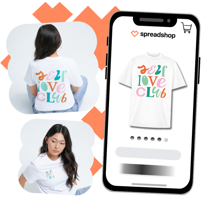 mockup of a design on t-shirt with model wearing versions of it to show customization and placement options