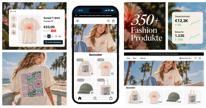 Spreadshop-Storefront eines Modeshops auf Desktop und Smartphone