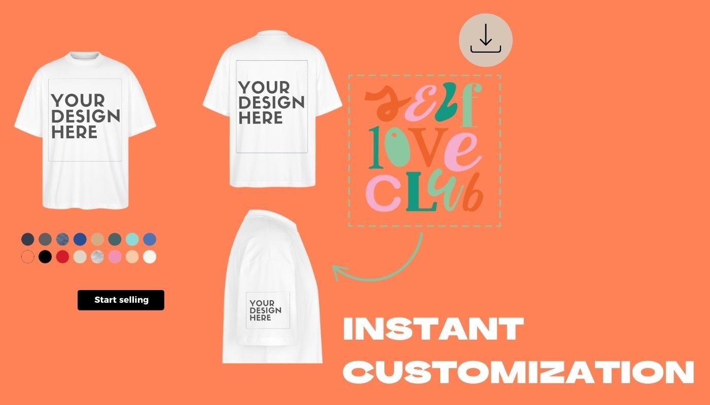 Instant customization options for a t-shirt including design placement and color options