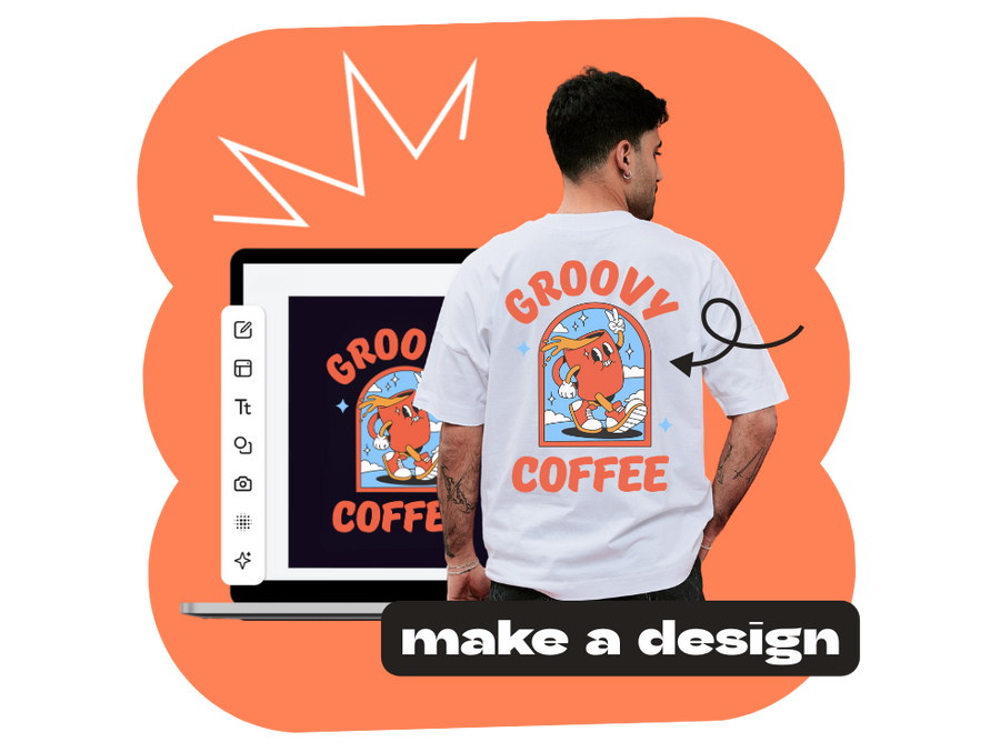 mockup of a design on laptop and t-shirt showing design process and customization