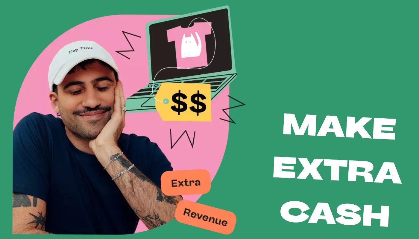 Creator smiling by laptop illustration and dollar signs promoting how to make extra cash with POD.