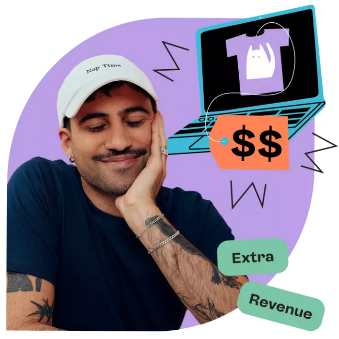 print on demand seller with a graphic mockup of a tshirt on laptop and dollar signs to show earning potential