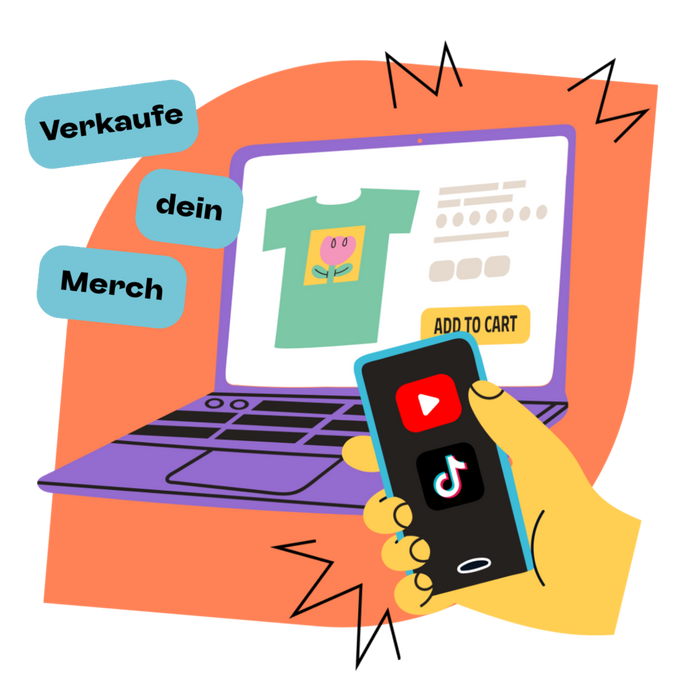 Illustration: Hand mit Smartphone (YouTube & TikTok Icons) zeigt auf einen Laptop mit geöffneter Spreadshop-Seite und T-Shirt im Warenkorb.
