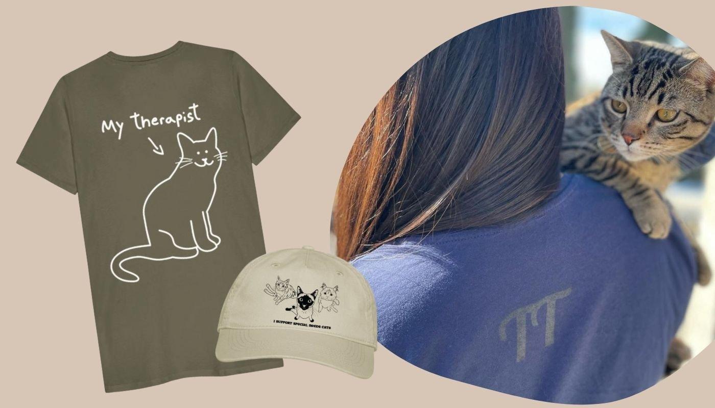 Niche merch products like t-shirts and hats shown in a lifestyle setting