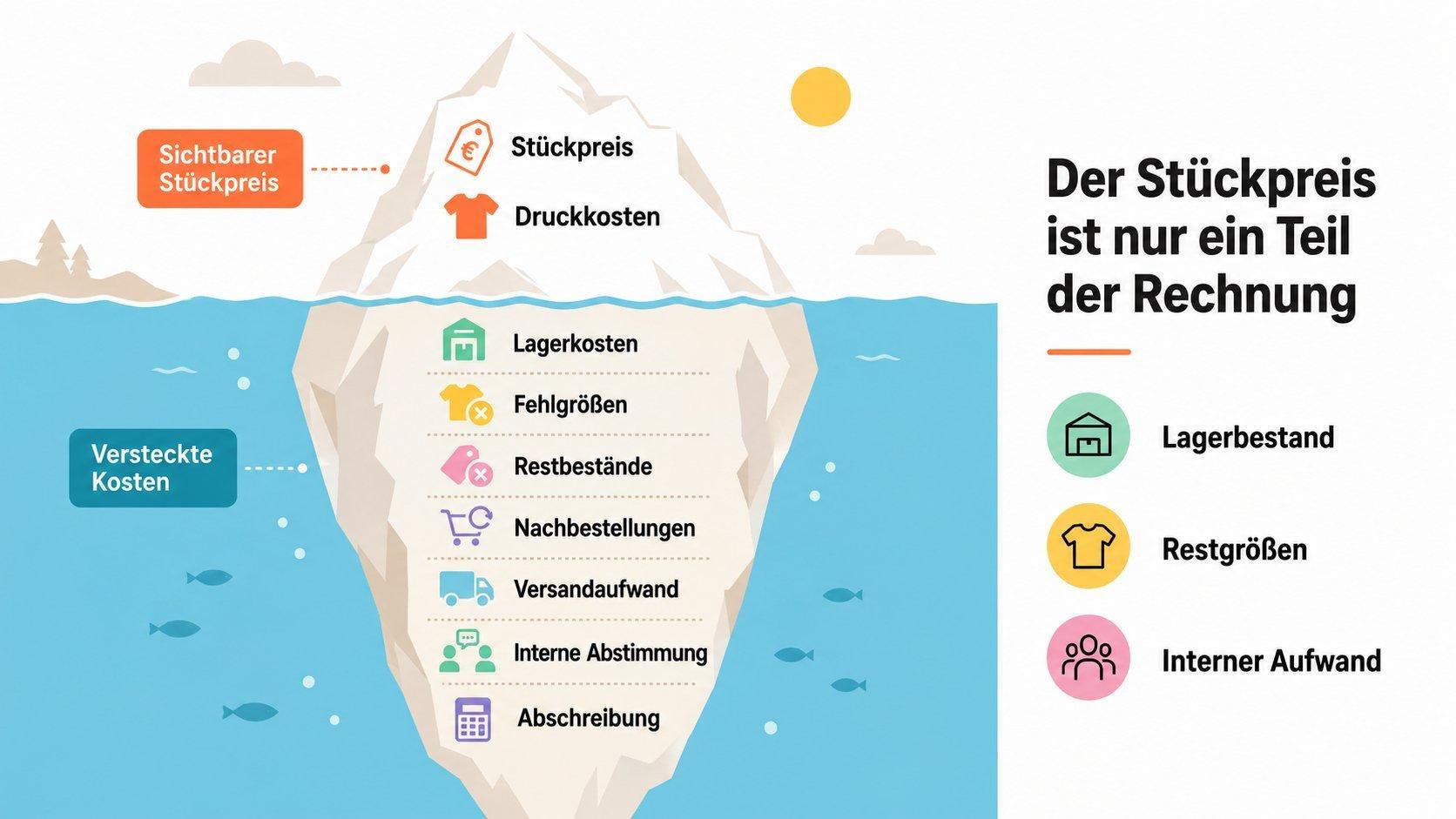 Eisberg-Infografik zu sichtbaren und versteckten Kosten bei Firmen-Merchandise.