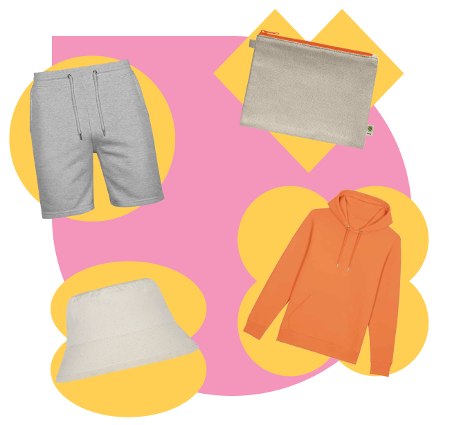 collage of different branded products you can sell like hoodies, hats, shorts, and pouches