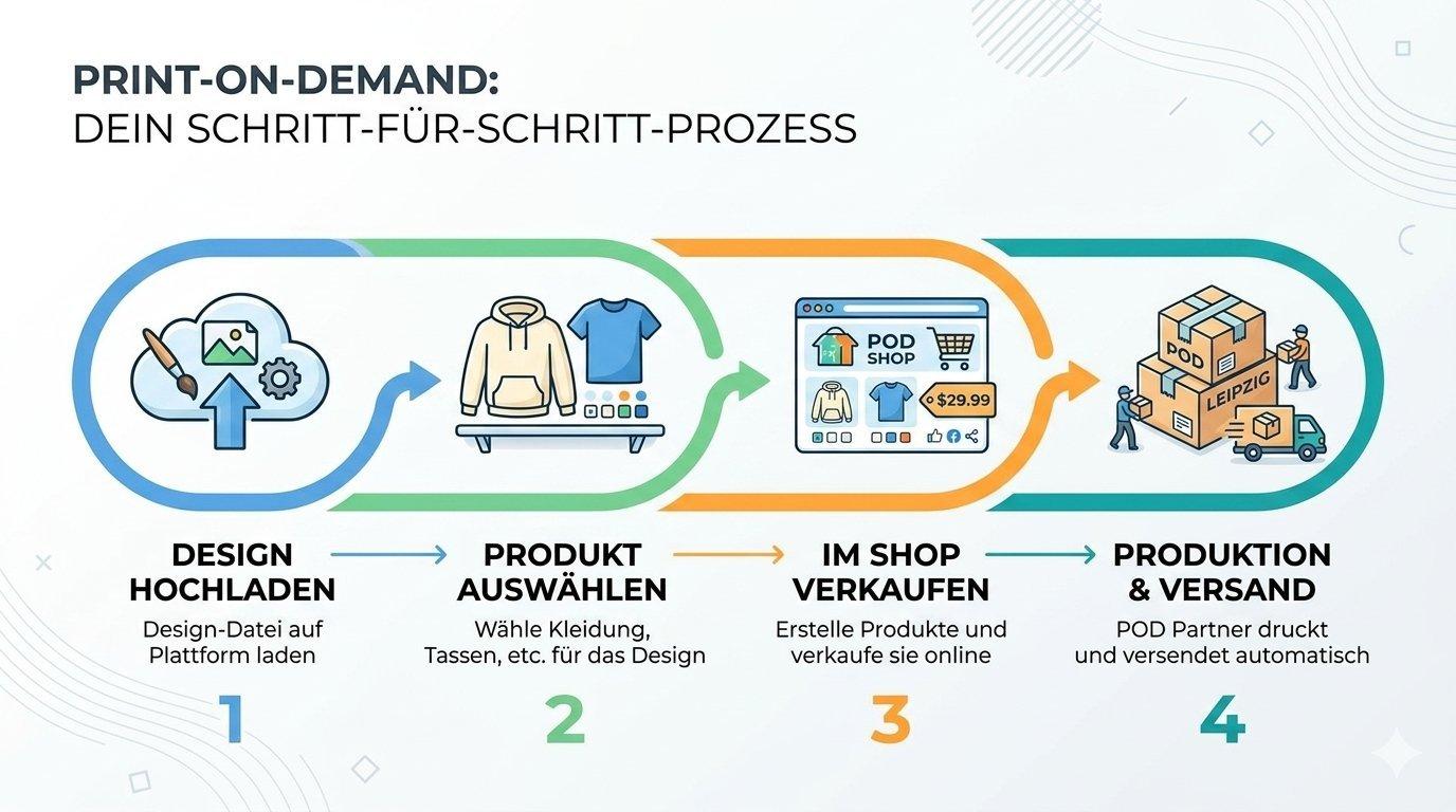 Infografik zeigt den Print-on-Demand-Prozess in vier Schritten: Design hochladen, Produkt auswählen, im Shop verkaufen sowie Produktion und Versand.