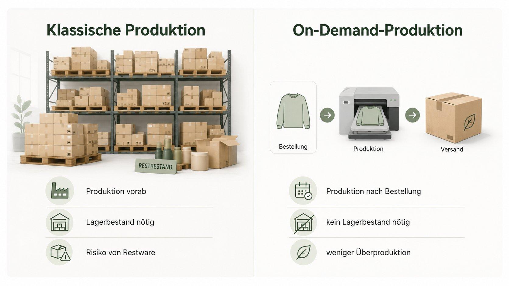 Vergleichsgrafik stellt klassische Produktion mit Lagerbestand der On-Demand-Produktion nach Bestellung gegenüber.