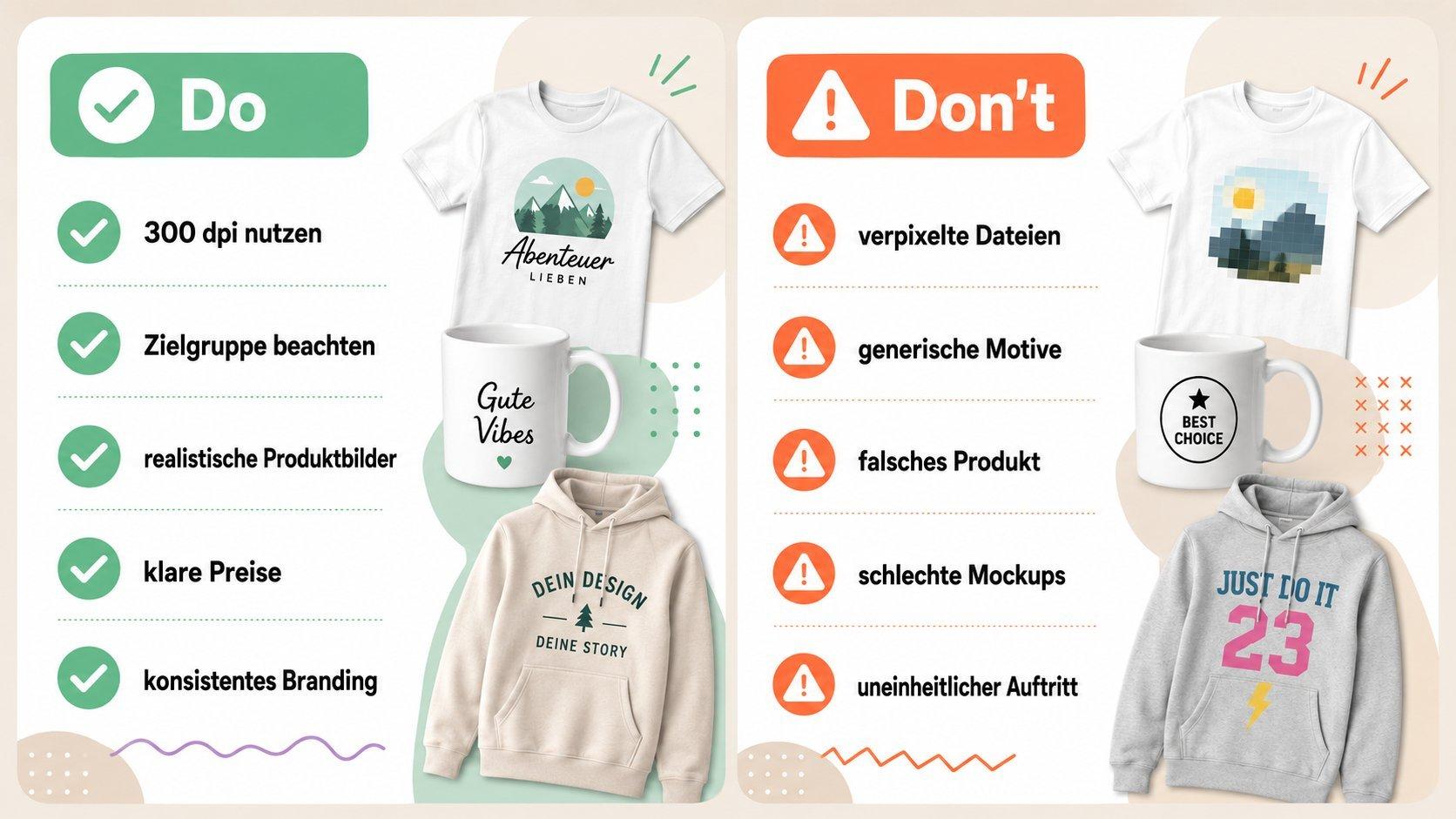 Visuelle Checkliste zeigt Dos und Don’ts bei der Produktpersonalisierung, darunter Druckauflösung, Zielgruppe, Produktbilder und Branding.