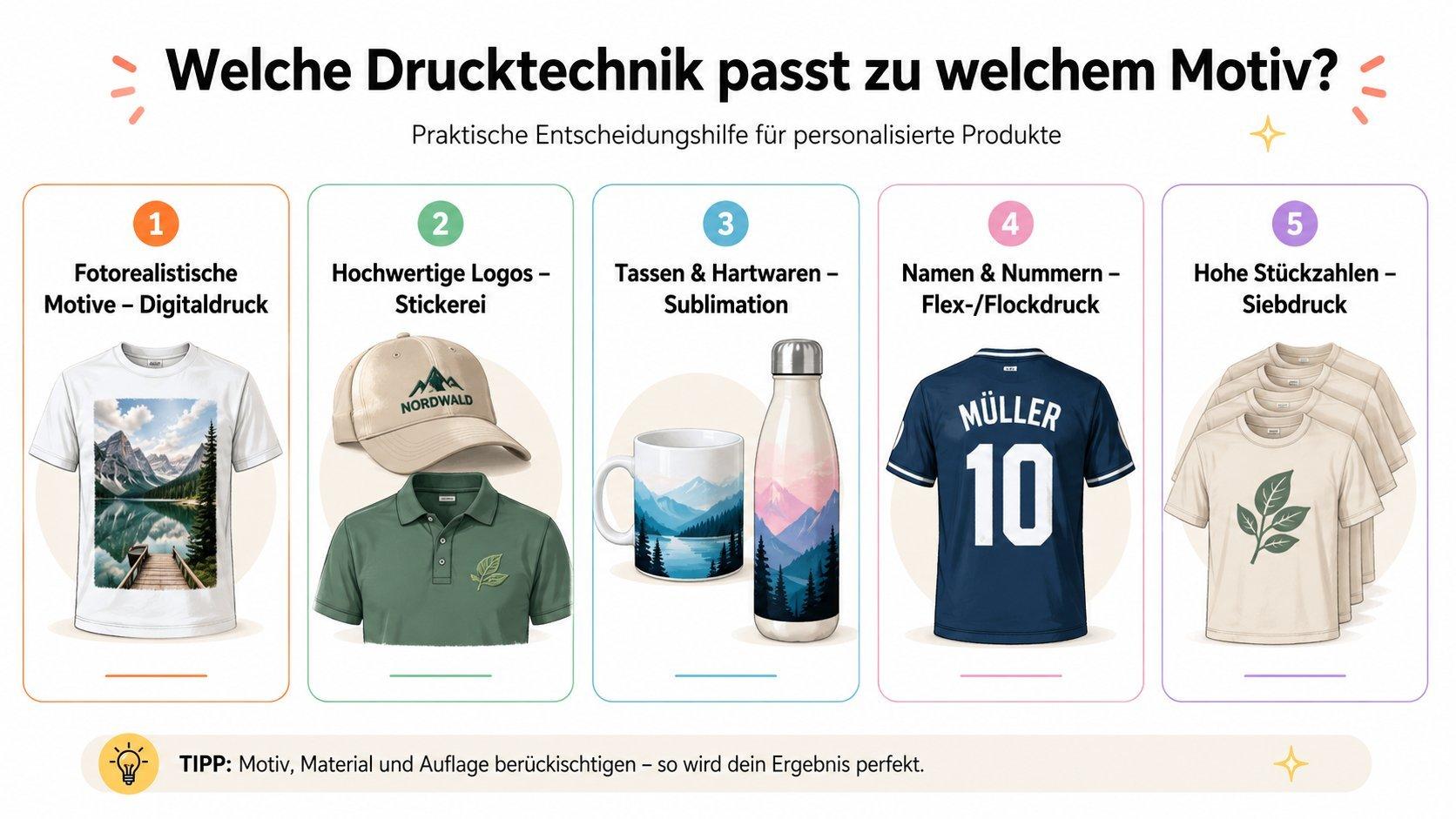 Entscheidungshilfe zeigt passende Drucktechniken für verschiedene Motive, darunter Digitaldruck, Stickerei, Sublimation, Flexdruck und Siebdruck.