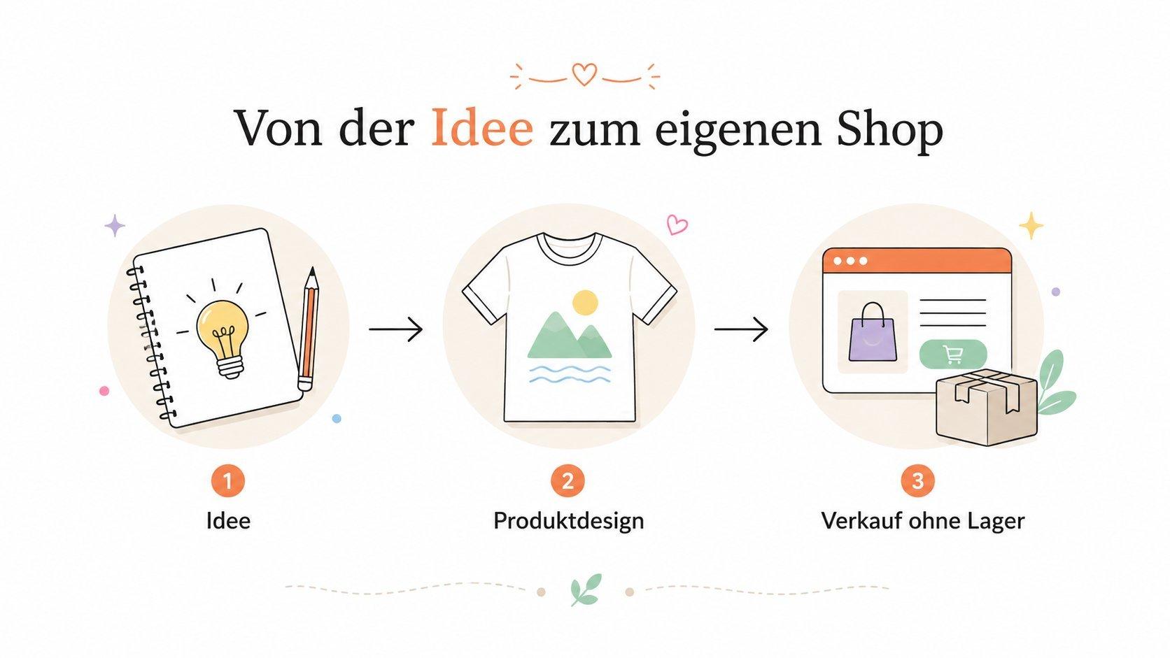 Illustration zeigt den Weg von der Idee über das Produktdesign bis zum Verkauf ohne Lager im eigenen Online-Shop.