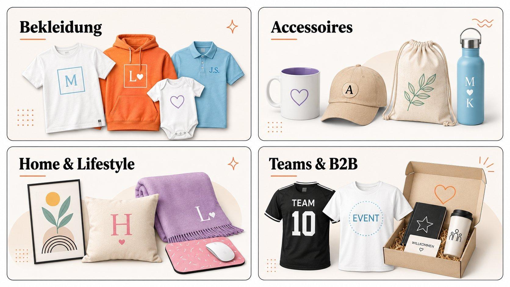 Übersicht personalisierbarer Produktkategorien mit Bekleidung, Accessoires, Home-&-Lifestyle-Produkten sowie Team- und B2B-Artikeln.