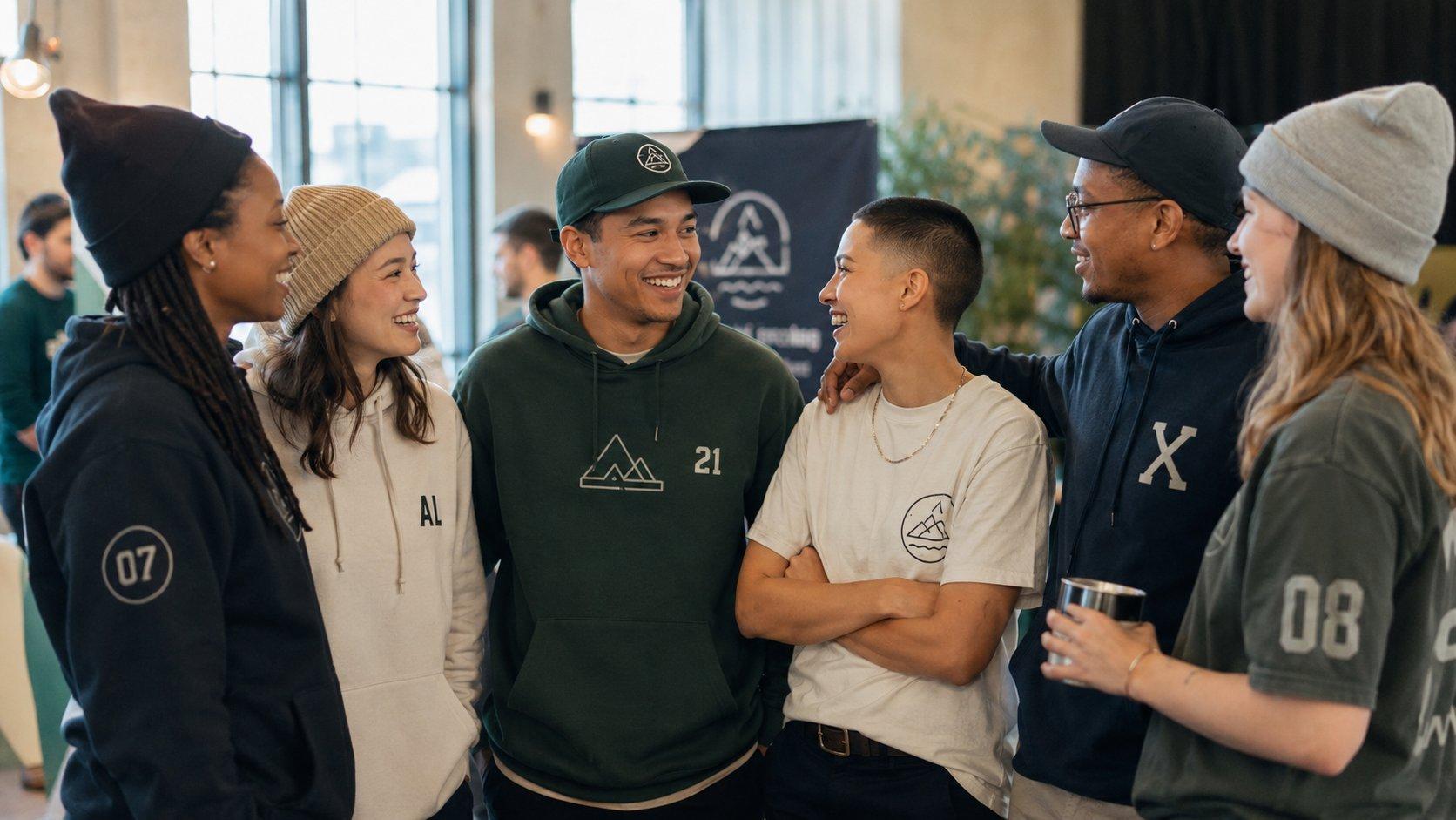 Gruppe junger Erwachsener trägt personalisierte Hoodies, Shirts und Caps bei einem Community-Event und vermittelt Zugehörigkeit.