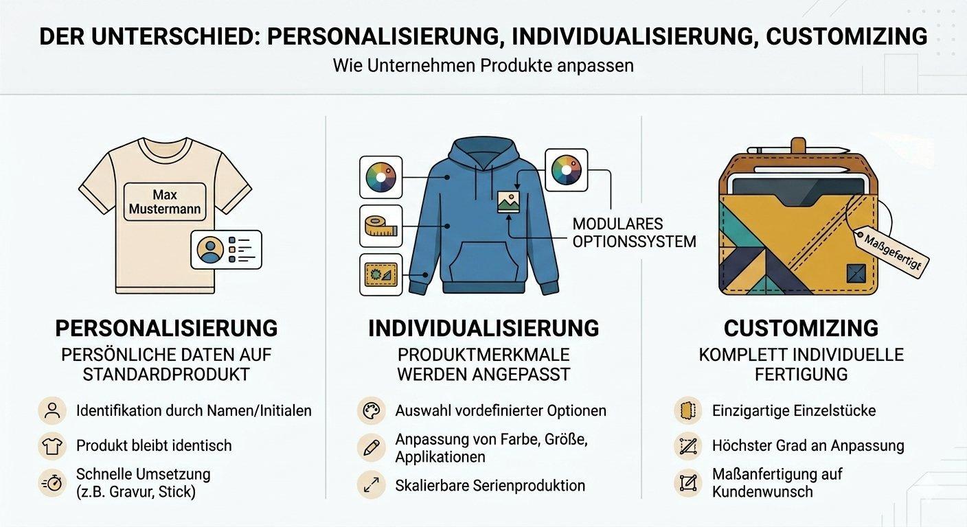 Infografik erklärt den Unterschied zwischen Personalisierung, Individualisierung und Customizing anhand von T-Shirt, Hoodie und maßgefertigtem Etui.
