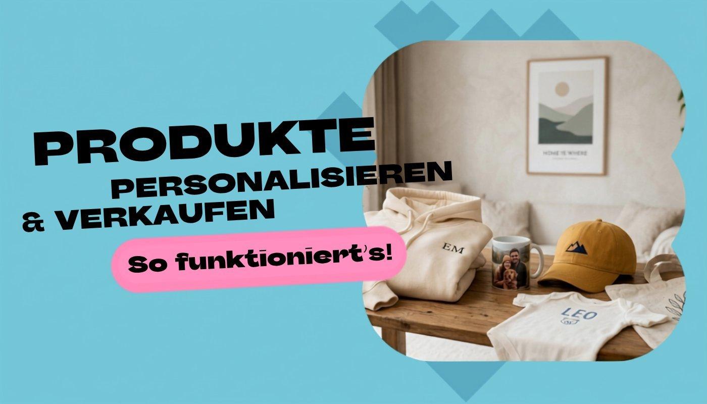 Personalisierte Produkte wie Hoodie, Tasse, Cap, Babybody und Stoffbeutel liegen auf einem hellen Tisch in einem modernen Wohnraum.