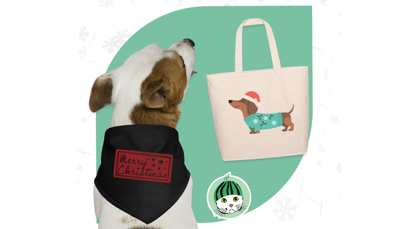 dog bandana, tote bag and cat sticker