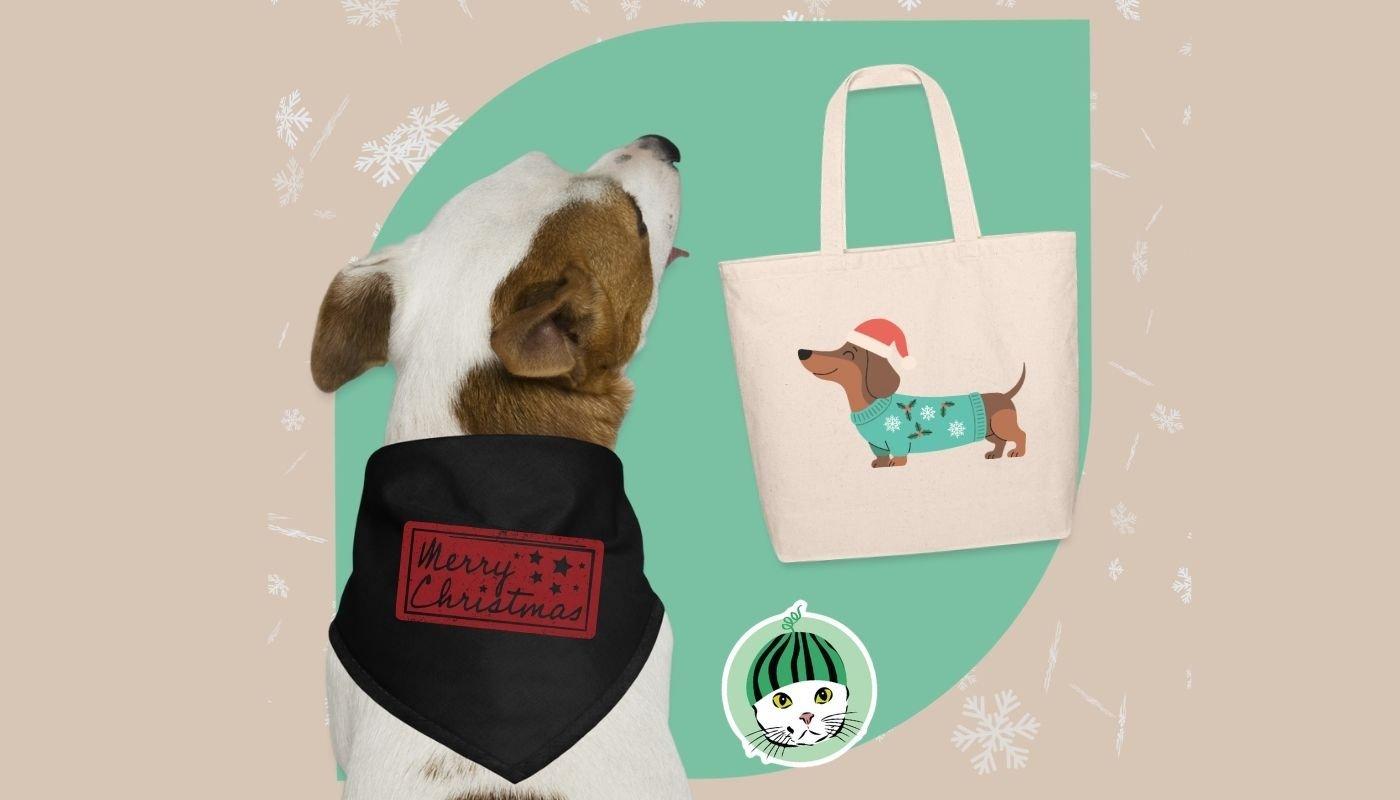 Pet merch bundle featuring a dog wearing a Merry Christmas bandana and a tote bag with dachshund design.