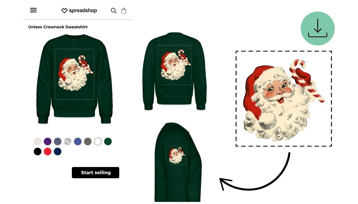 holiday santa design mockup on customizable green sweatshirt in spreadshop platform