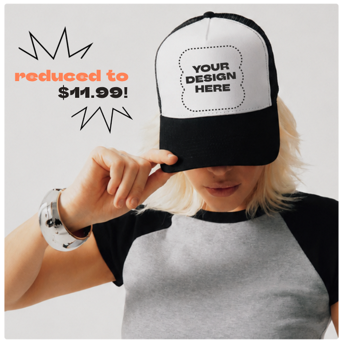 model wearing a blank trucker hat with your design here mockup to illustrate design and selling potential