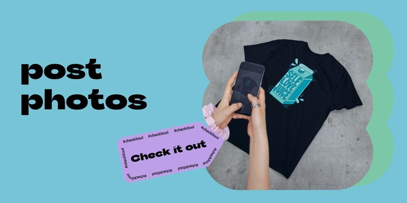 picture of someone taking a photo of a custom t-shirt to show promotional marketing
