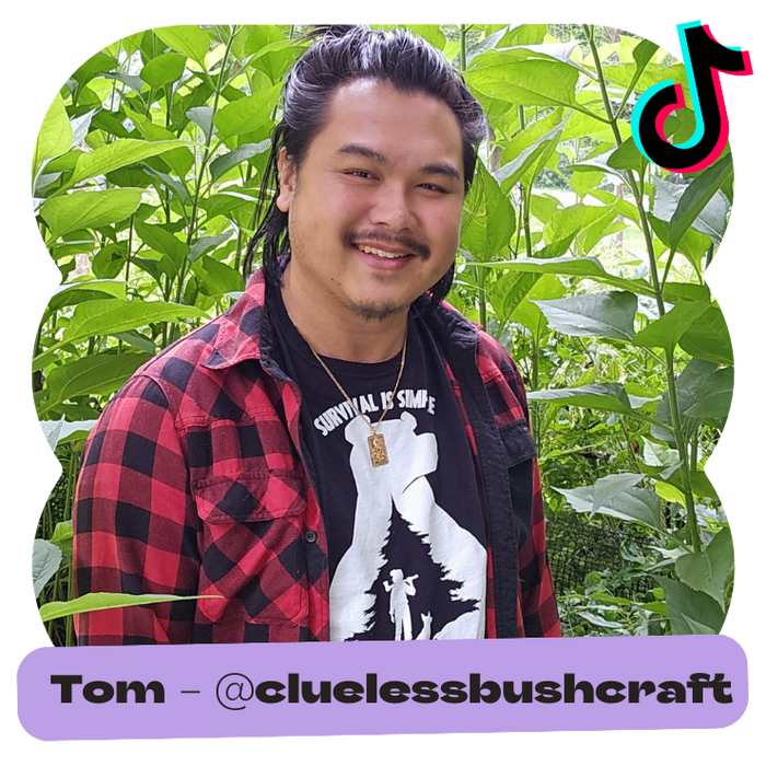 tiktok creator clueless bushcraft posing in his custom t-shirt to illustrate niche selling power