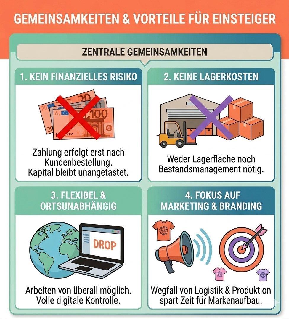 Infografik zu den Gemeinsamkeiten von Print-on-Demand und Dropshipping: kein finanzielles Risiko, keine Lagerkosten, ortsunabhängiges Arbeiten und Fokus auf Marketing und Markenaufbau.