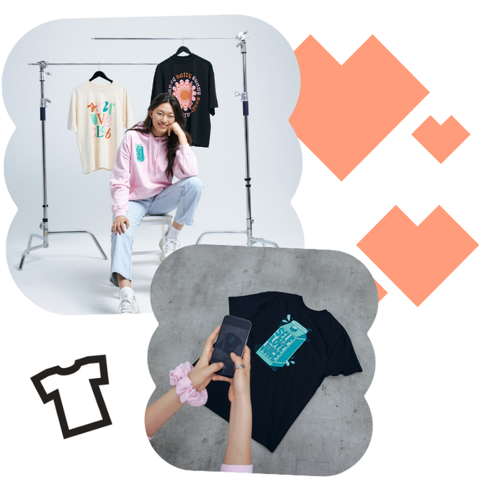 collage of images showcasing different customization and promotional tools for print on demand apparel