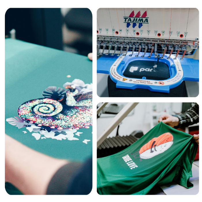 different images of products being customized like graphic t-shirts and embroidered hoodie designs