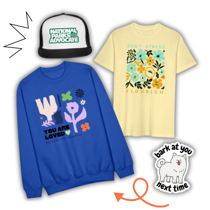 print on demand product examples of a t-shirt, hoodie, sticker, and cap to illustrate design process