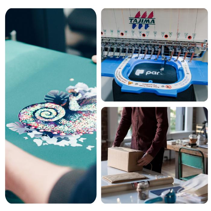 collage of images explaining the print-on-demand process from printing to shipment