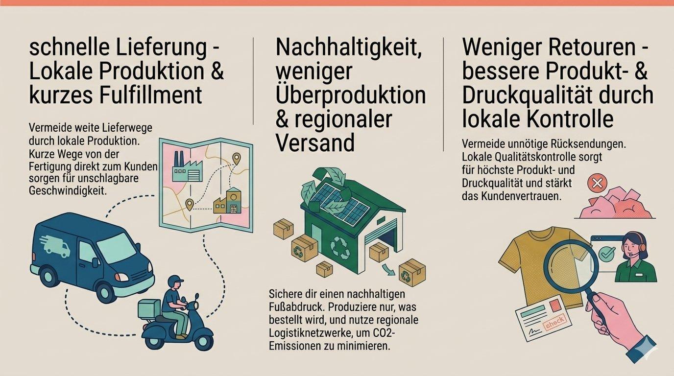 Infografik zu den Vorteilen von Print-on-Demand: schnelle Lieferung durch lokale Produktion, nachhaltiger Versand und weniger Retouren dank besserer Produkt- und Druckqualität.