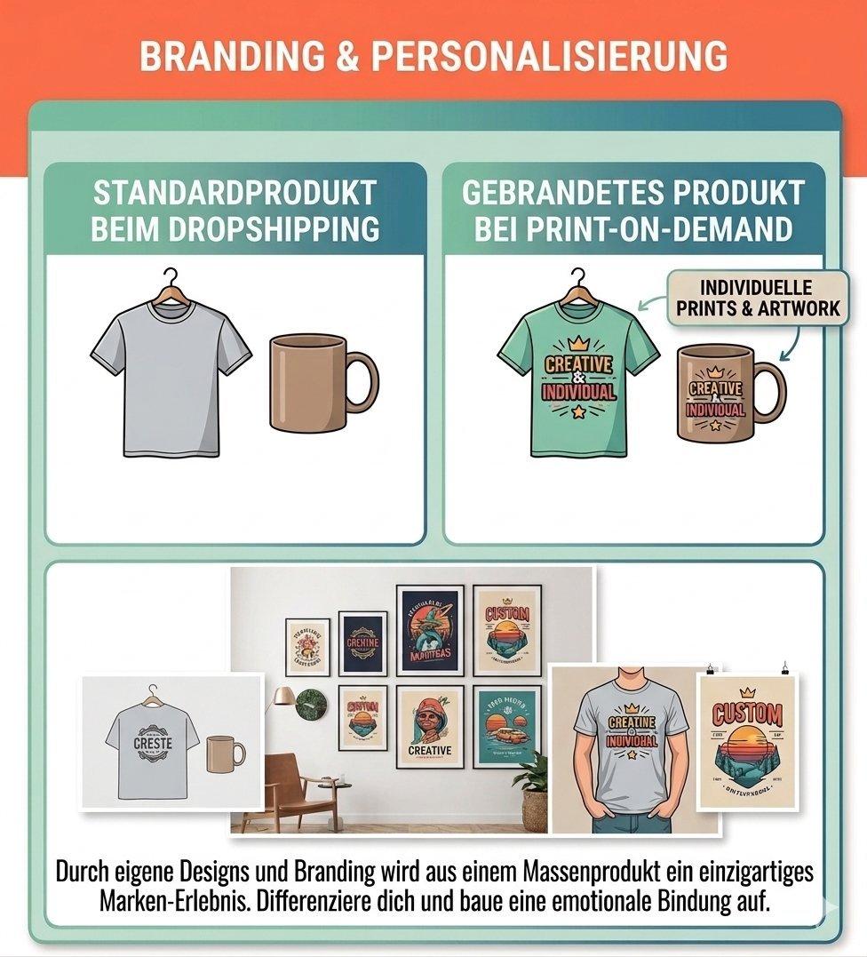 Infografik zu Print-on-Demand vs. Dropshipping im Bereich Branding: Standardprodukte im Dropshipping stehen individuellen, gebrandeten Produkten mit eigenen Designs beim Print-on-Demand gegenüber.