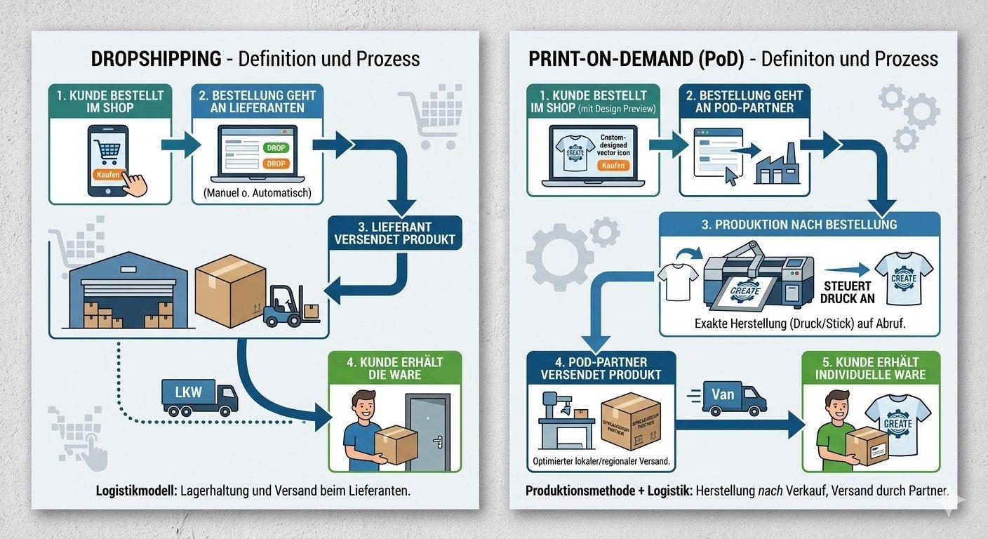 Infografik zum Prozess von Print-on-Demand vs. Dropshipping: Beim Dropshipping erfolgt Versand über Lieferanten, während PoD Produkte erst nach Bestellung produziert und anschließend versendet werden.