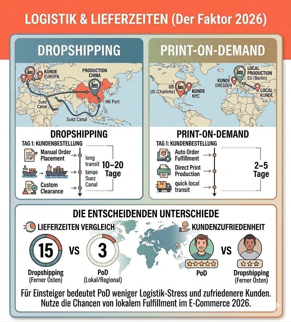 Infografik mit Fokus auf Logistik und Lieferzeiten: Dropshipping aus Asien dauert 10–20 Tage, PoD durch lokale Produktion in Europa und den USA nur 2–5 Tage benötigt.