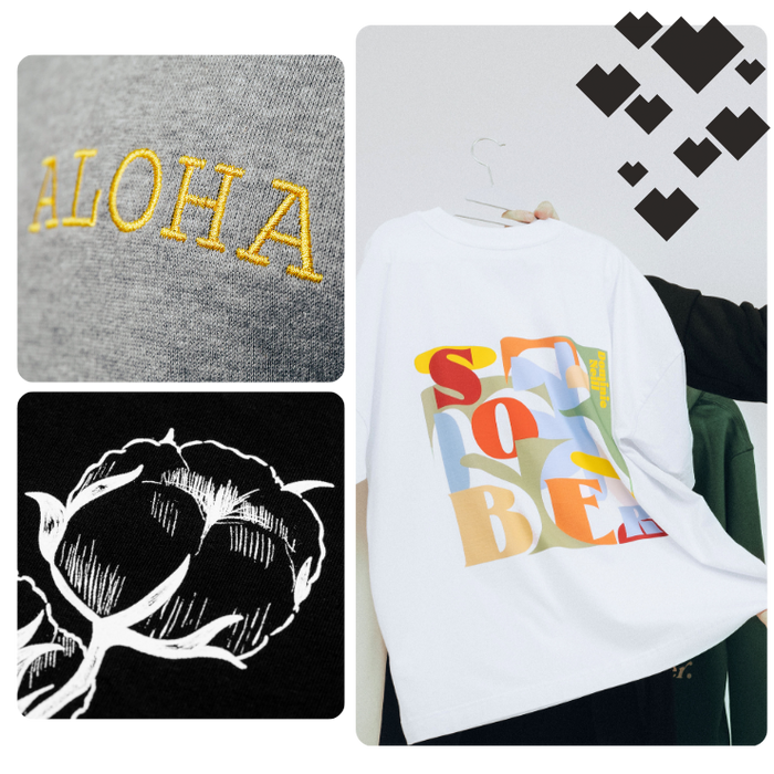 different print types on spread products like dtg, dtf, and embroidery to illustrate high-quality printing