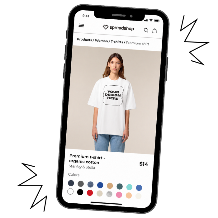 mockup of a white tshirt product on phone to illustrate mobile shopping experience