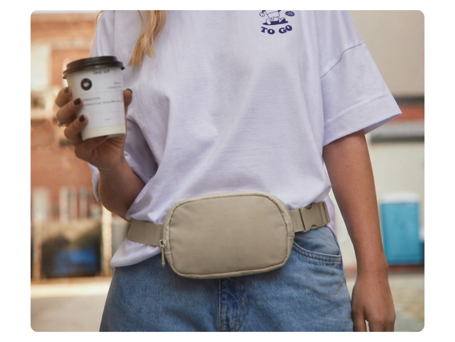 image of a model wearing a blank hip bag to show product selection process