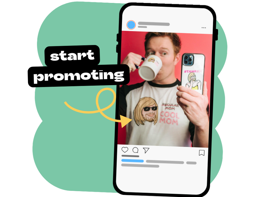 content creator promoting custom products like longsleeve, mug, and phone case on socials