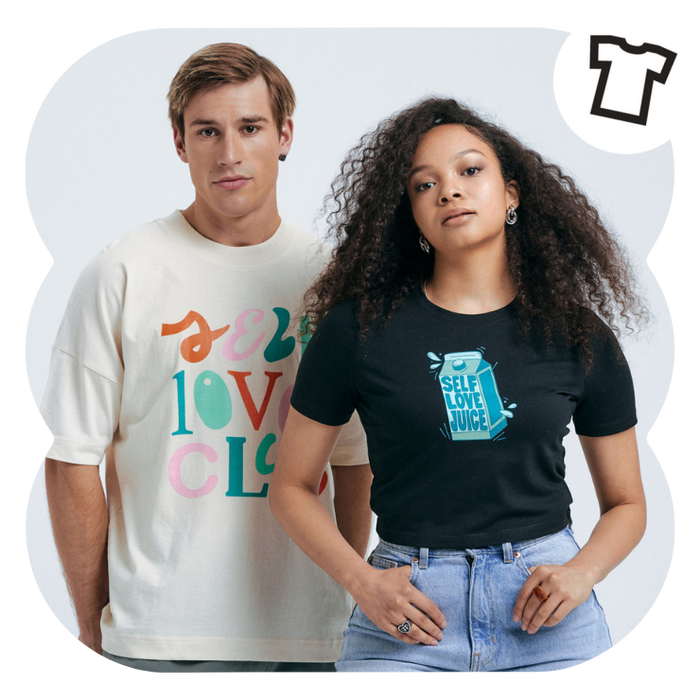 man and woman wearing custom printed t-shirts they made using spreadshop