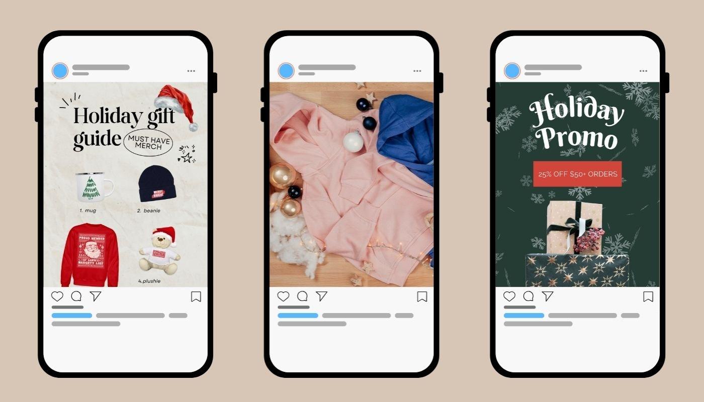 Examples of holiday merch social posts including gift guides, hoodies, and Christmas promotions.