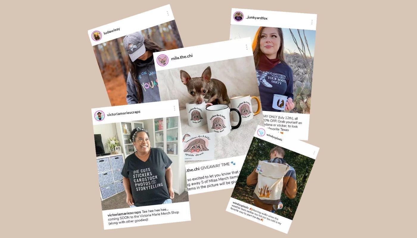 Collage of creator social posts featuring merch items, highlighting social proof for Black Friday promotions