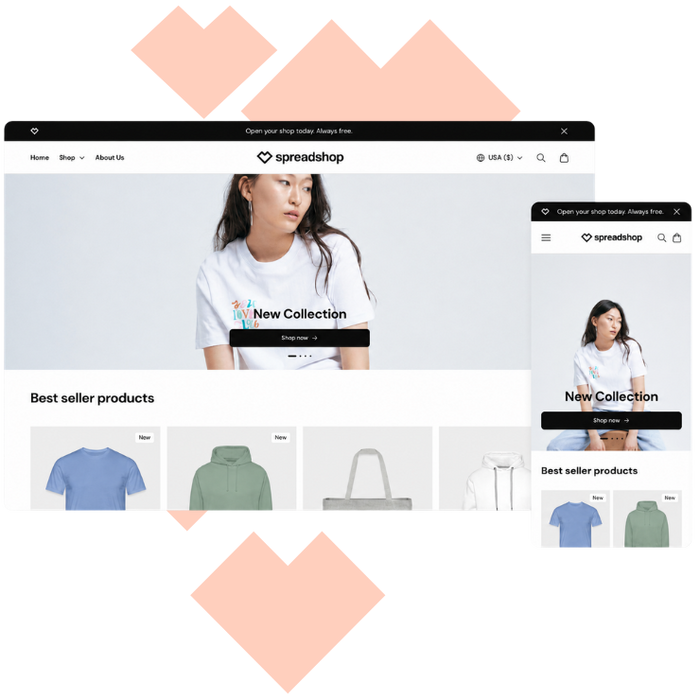desktop and mobile view of new modern ecommerce storefront for spreadshop partners