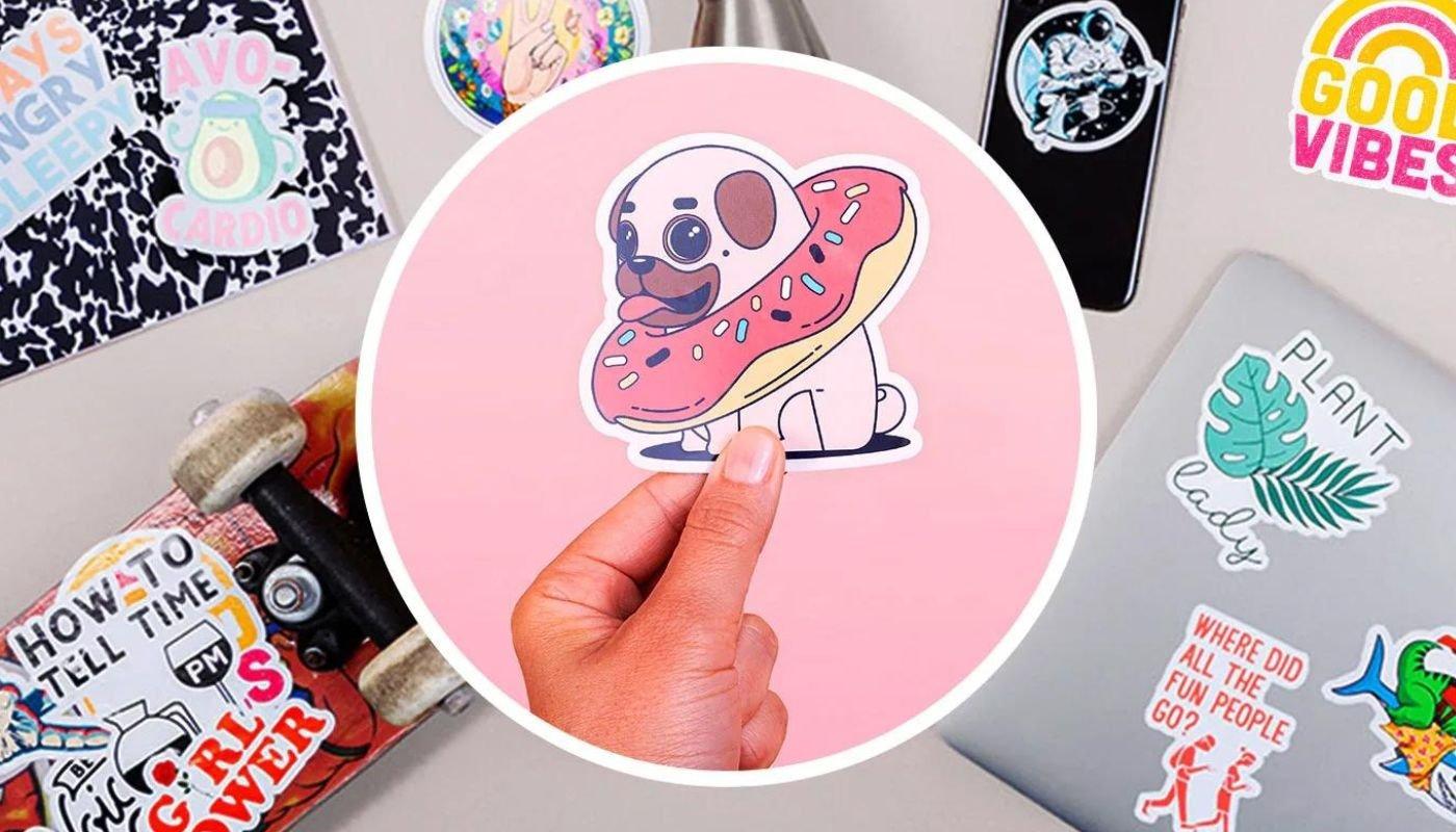 sticker with a pug illustration with a donut around the neck for customization