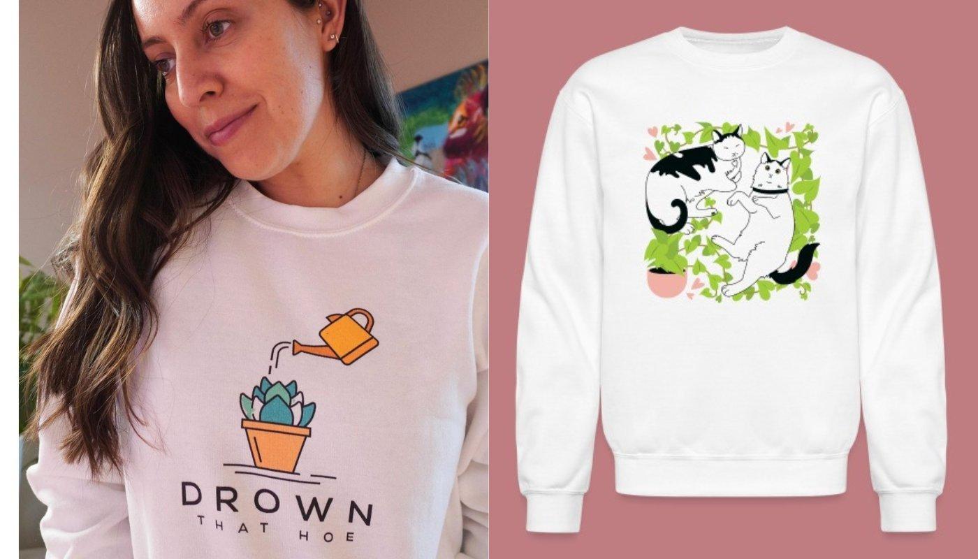 plant lover sweatshirt and cat lover sweatshirt