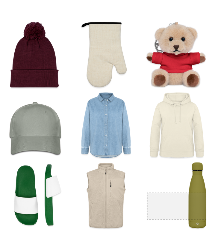 Mehrere in einem drei mal drei Raster angeordnete Produkte wie: Wintermütze, Ofenhandschuh, Teddy Schlüsselanhänger, Schirmmütze, Jeanshemd, Kapuzenpullover, Badelatschen, Fellweste, Trinkflasche.