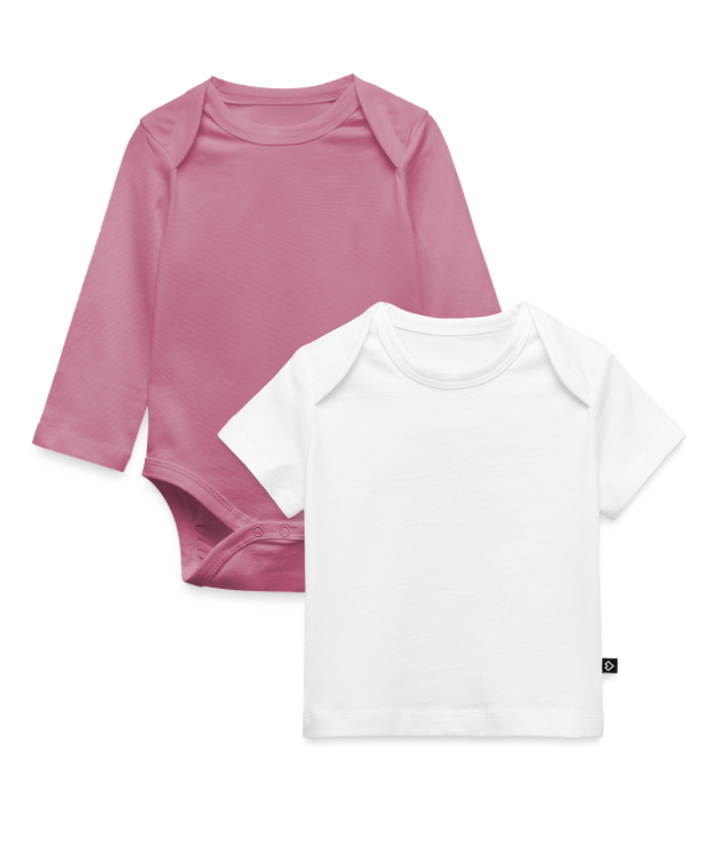 T-Shirt und Langarmbody für Babys in rosa und weiß.